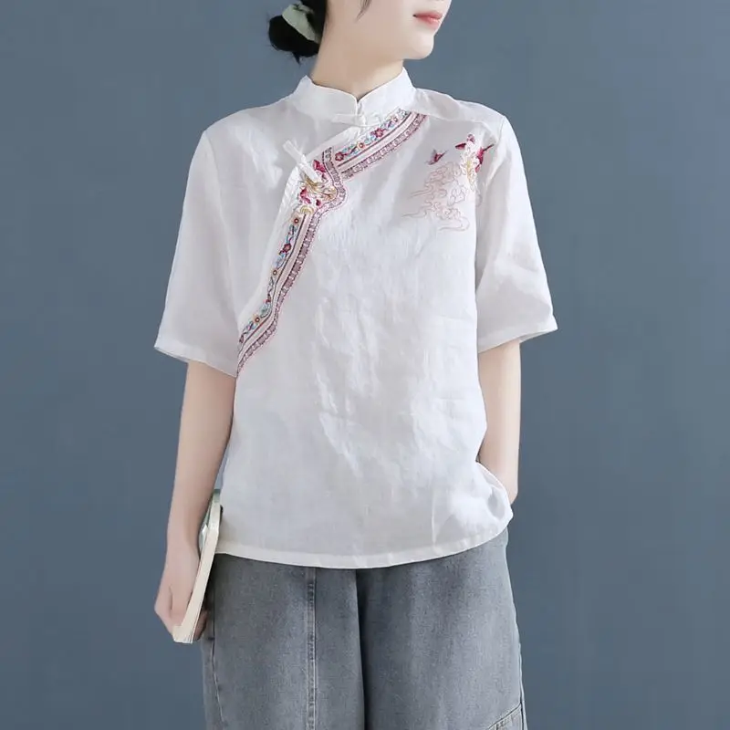 Traditional Chinese Shirt Retro Folk Tea Clothing China Style Tops Embroidery Women Daily Cotton Linen Blouse Spring Summer