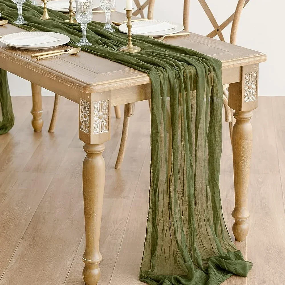 2PCS Olive Moss Green Gauze Semi-Sheer Table Runner Cheesecloth Tablecloth for Wedding Party Bridal Shower Boho Table Decor 2