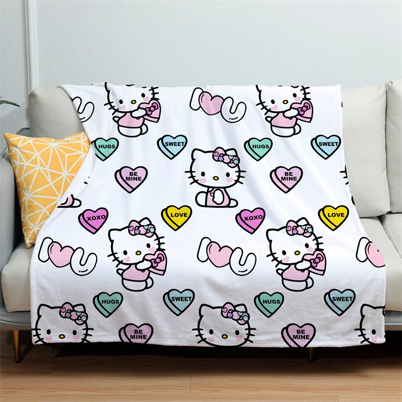 

Kawaii Hello Kittys Valentines Day Throw Blanket Anime Kt Cat Heart Pattern Nap Shawl Soft Warm Sofa Cover Home Quilt Decor Gift