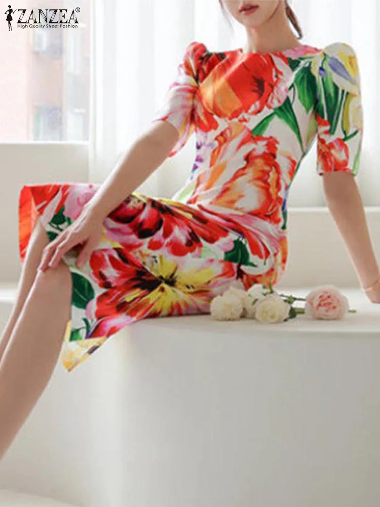 

ZANZEA Sexy Sheath Dress Elegant Floral Printed Summer Dresses 2023 Women Slim Party Short Puff Sleeve Vestido Holiday Midi Robe