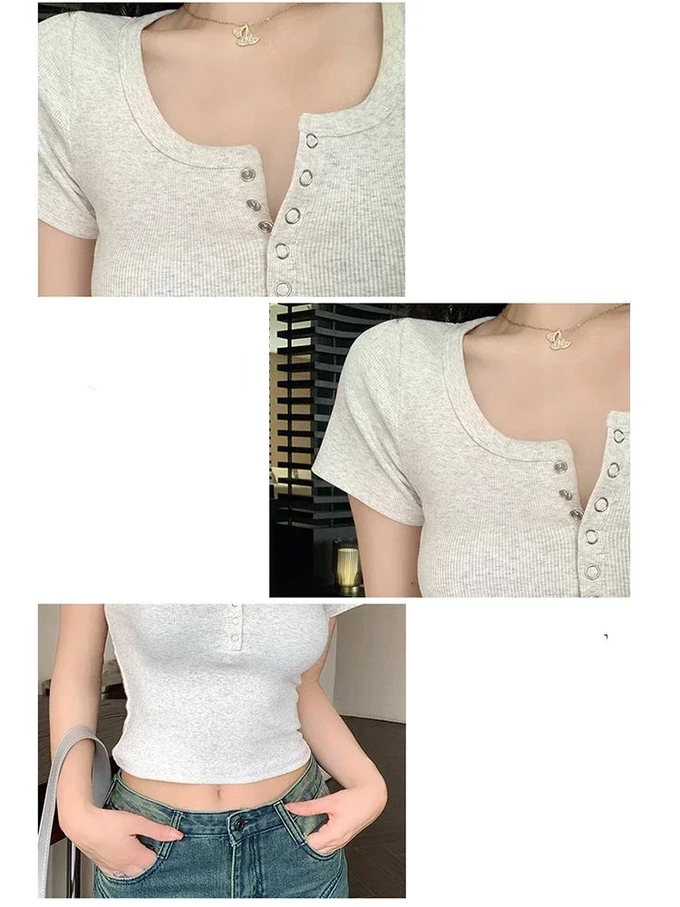الكورية نمط المحاصيل الأعلى مضلع سليم التي شيرت امرأة القطن تي شيرت فام الصيف 2025 العصرية قصيرة الأكمام تي شيرت للمرأة س الرقبة 6