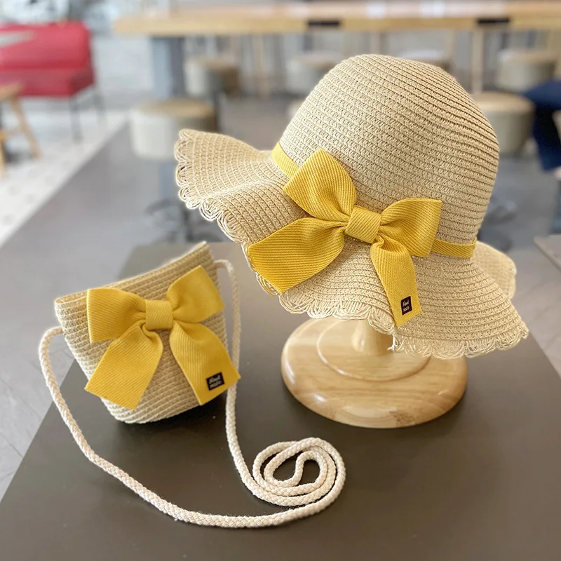 Summer Baby Girls Straw Hat And Shoulder Bag 2pcs Set Parent-child Wide Brim Lace Holiday Beach Sun Hats Outdoor Bucket Cap straw hat baby sun hat outdoor sun hat baby hat set