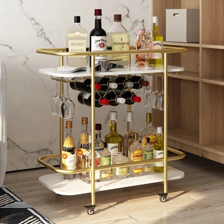 Black &Gold Marble Top Trolley Metal Bar Cart Rectangular Shape High Quality For Serving Price