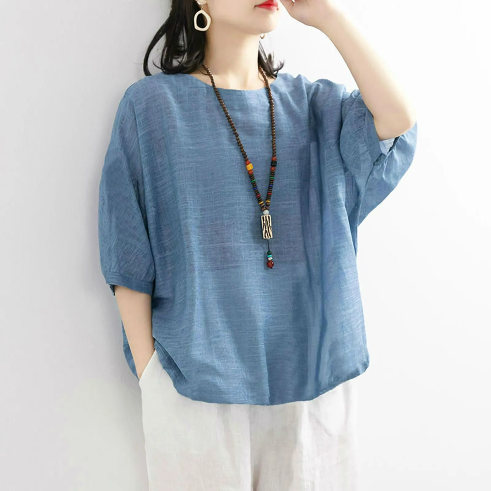 Cotton Linen Shirts Women's Tops And Blouses Loose Fit Short Sleeve Summer Casual Crewneck Loose Shirt Vintage Boho Beach Wear