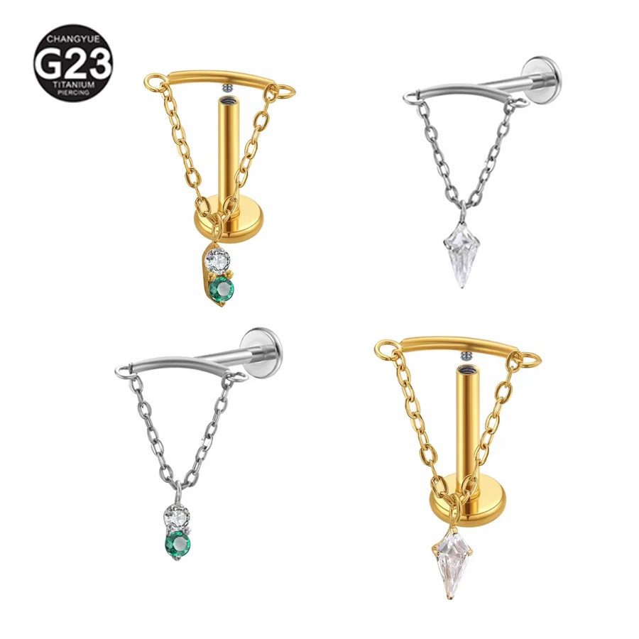 ASTM F136 Titanium Drop Pendant CZ Stud Earring with Dangle Chain Helix Cartilage Tragus Lip Flat Back Piercing 16G