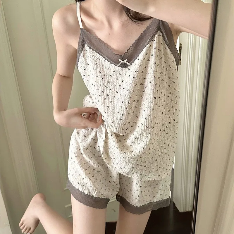 

Летняя женская пижама на бретельках, дышащий кружевной комплект с шортами с коротким рукавом, милая, можно носить, Женская домашняя одежда
