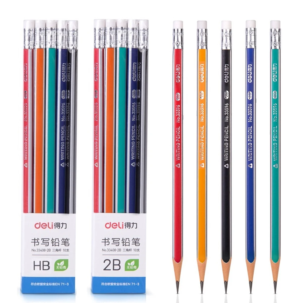 

10pcs/Lot 2B HB Wooden Pencil with Eraser Triangle/Hexagonal Rod for Student Drawing Writing Pencils School Office Stationery