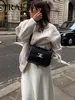TRAFZA Women Elegant Solid Coat Button Long Sleeve Pocket Bomber Jacket Autumn Winter Female Casual Loose Streetwear Coats 3
