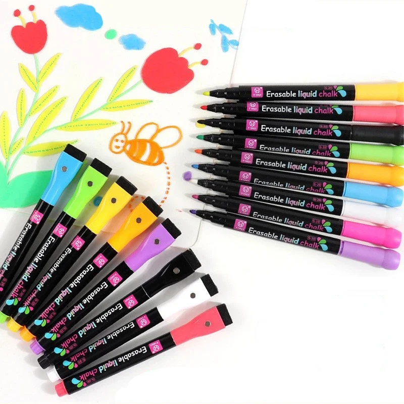 Magnetic Dry Erase Markers Erasable Whiteboard Marker Pens with Eraser LED Fluorescent Pen for Glass Liquid Chalk 4/8 Color