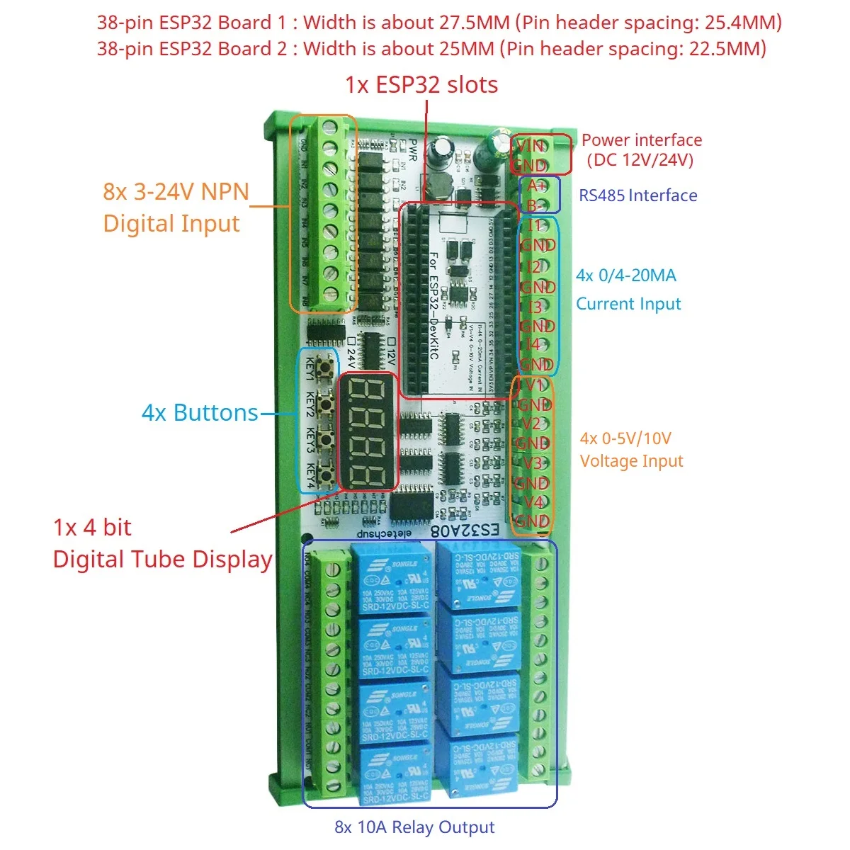 아날로그 컬렉션 와이파이 릴레이 스위치 DIY 확장 보드, 8AI-8DI-8DO DC 12V 24V ESP-WROOM-32 ESP32, RS485 4-20MA 0-5V 0-10V