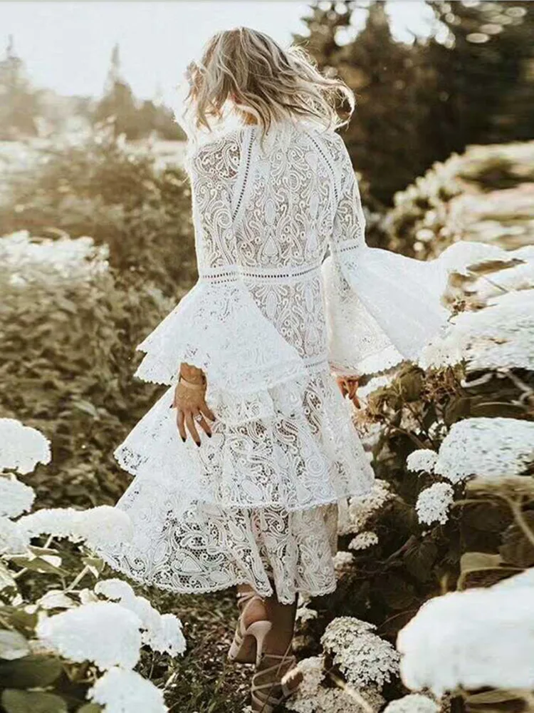 loose fitting lace dress Women's Midi Dress Lace Dress Casual Dress Casual Beach Loose Fit Solid  Color Half Sleeve V Neck White Summer Spring 2026