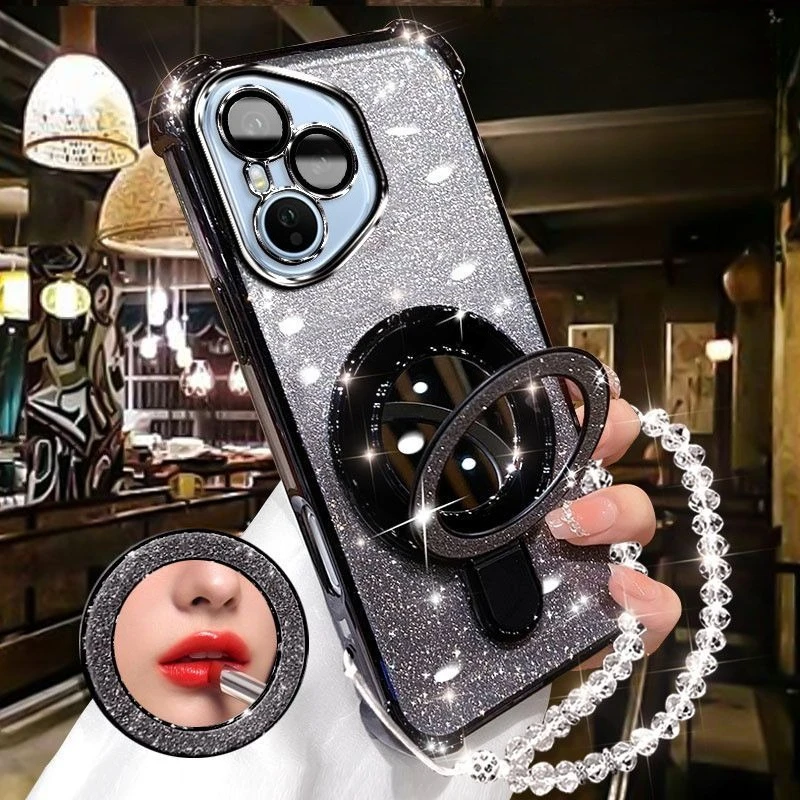 Glitter Plating Mirror Phone Case with Magnetic Holder and Bracelet Cover