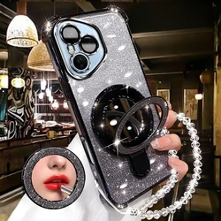 Glitter Plating Mirror Phone Case with Magnetic Holder and Bracelet Cover for Honor 100 (Black)