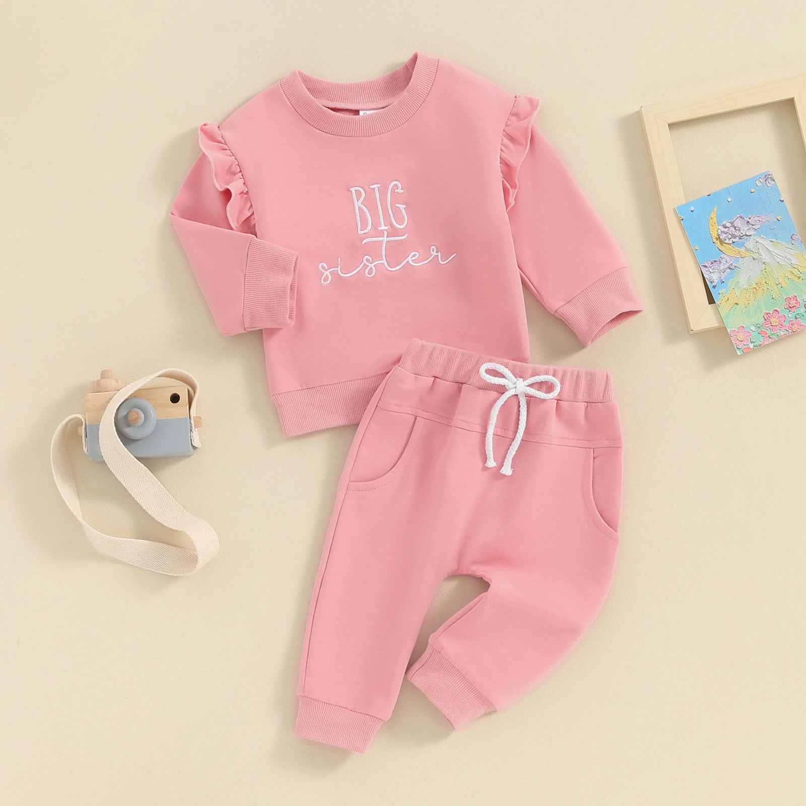 Toddler Girls Sister Matching Outfits Letter Embroidered Crew Neck Long Sleeve Sweatshirts Long Pants 2Pcs Fall Clothes Set 4