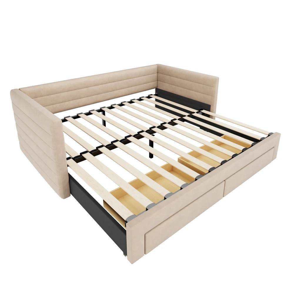 90x190cm Polsterbett, 3-in-1 Ausziehbares Schlafsofa, Multifunktionsbett, mit Schubladen und Gitter, Baumwolle und Leinen, ohne Matratze – Detail 10