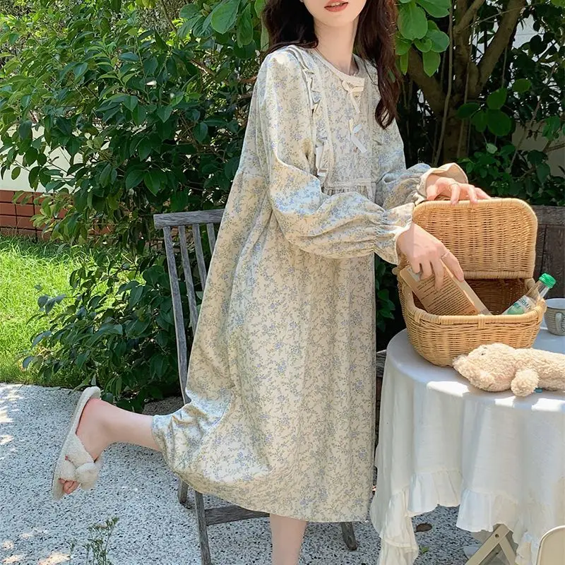 Women Nightgowns Women Nightdresses Women Pajamas Sleeping Dress Floral Print Nightgown Sleepwear Womens Korean Style Ruffles Night Dress One Piece Pajamas Autumn Long Sleeve Bow Home Wear