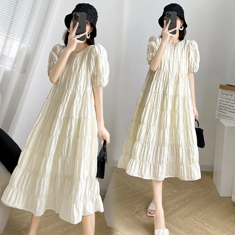 2024 Summer Maternity Pleated Dress Solid Color Loose Pregnant Woman Long Dress Short Sleeve Plus Size Pregnancy Ball Gown Dress