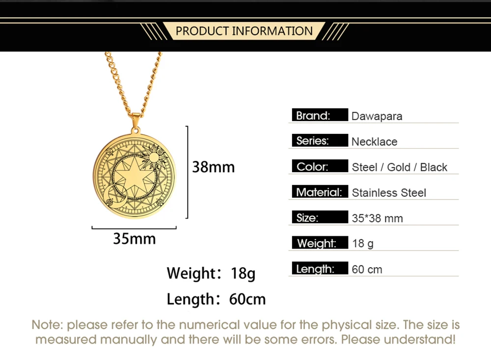 Dawapara Pentagramm Crescent Halskette Sakura Magie Kreis Sonne Mond Sterne Magie Array Gute Luck Amulett Edelstahl Schmuck – Detail 4