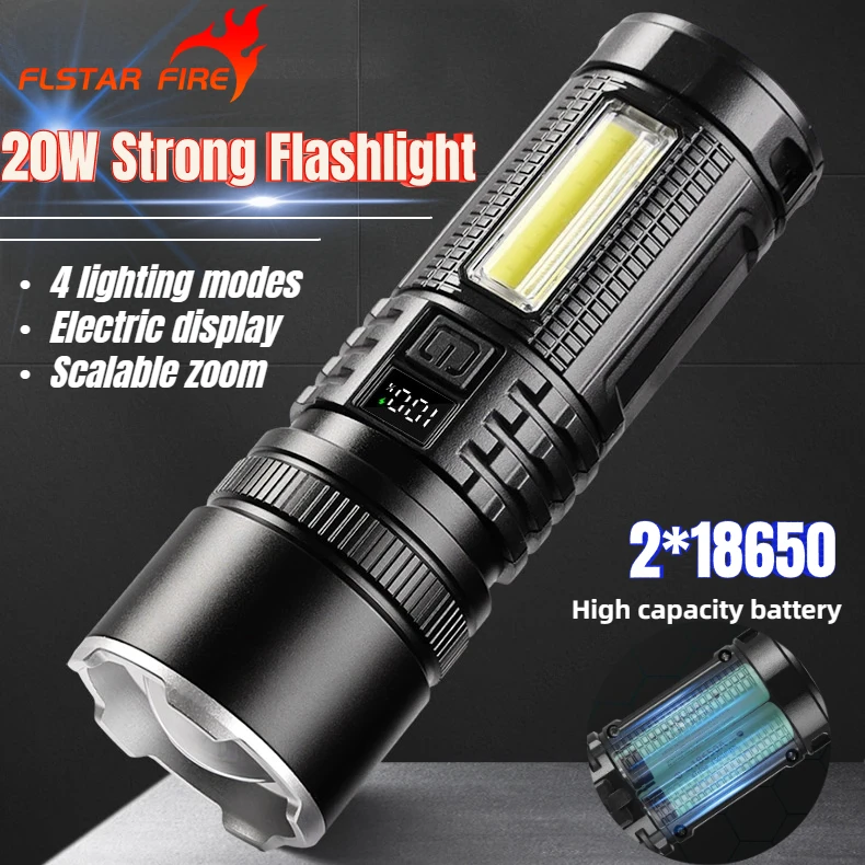 Multifunctional Strong Light Flashlight Digital Display USB Outdoor Fishing Camping Charging Torch Telescopic Zoom Light
