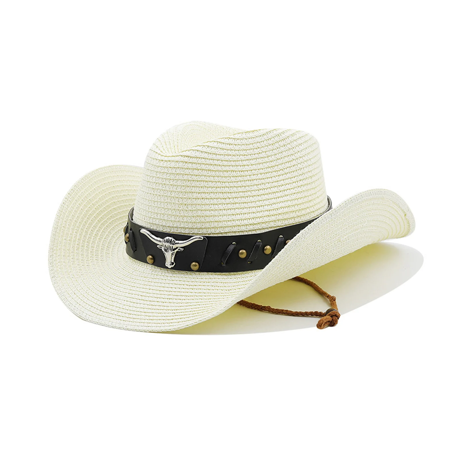 Women Men Cowboy Hat Cow Head Leather Belt Decor Wide Brim Western Cowgirl Hat Foldable National Style Straw
