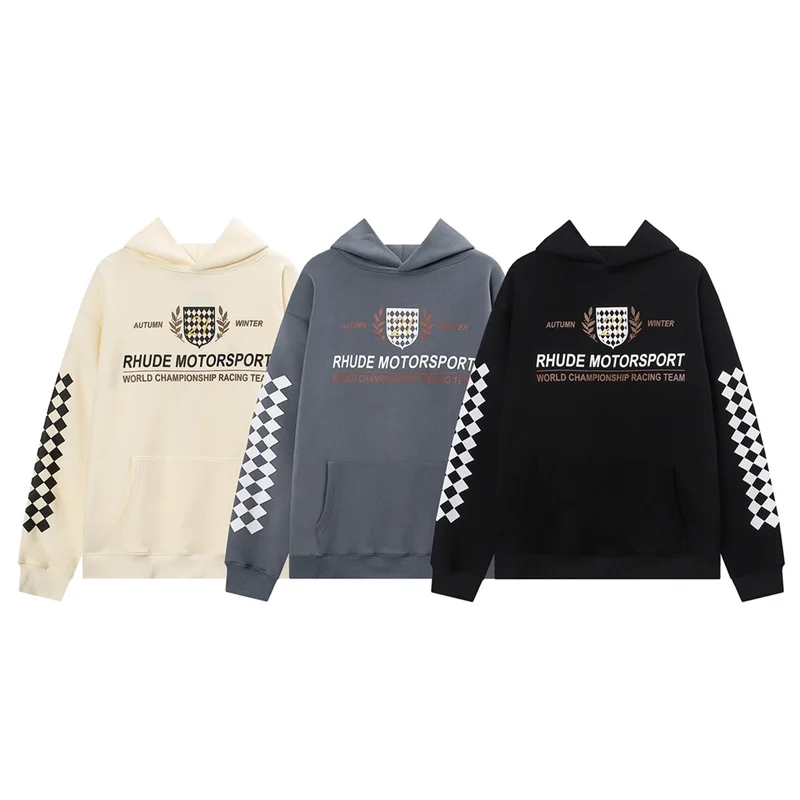 

RHUDE Hoodie High Street Letters Printed Check Sleeve Men's Loose Style Sweatshirt