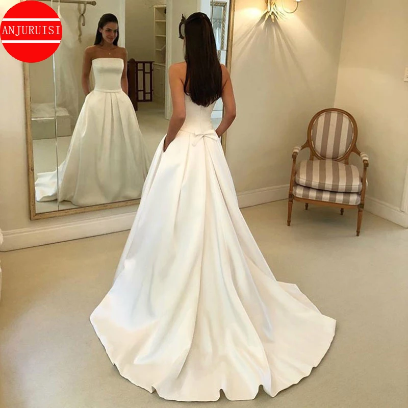 

A Line Satin Wedding Dresses For Women 2022 Bride Vestidos De Novia Para Boda Por La Iglesia Strapless Sweep Train Suknia Ślubna