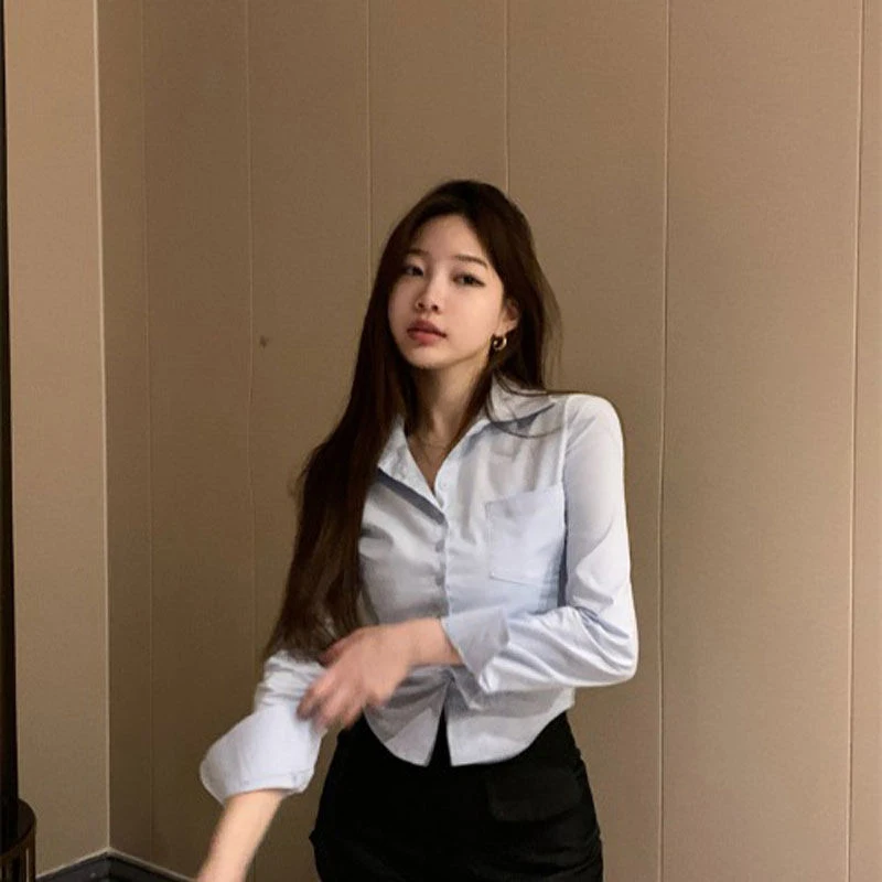 한국어 화이트 오피스 여성 쉬폰 셔츠 포켓 버튼 옷깃 숙녀 블라우스 봄 통근 긴 소매 새로운 여성 자르기 탑
