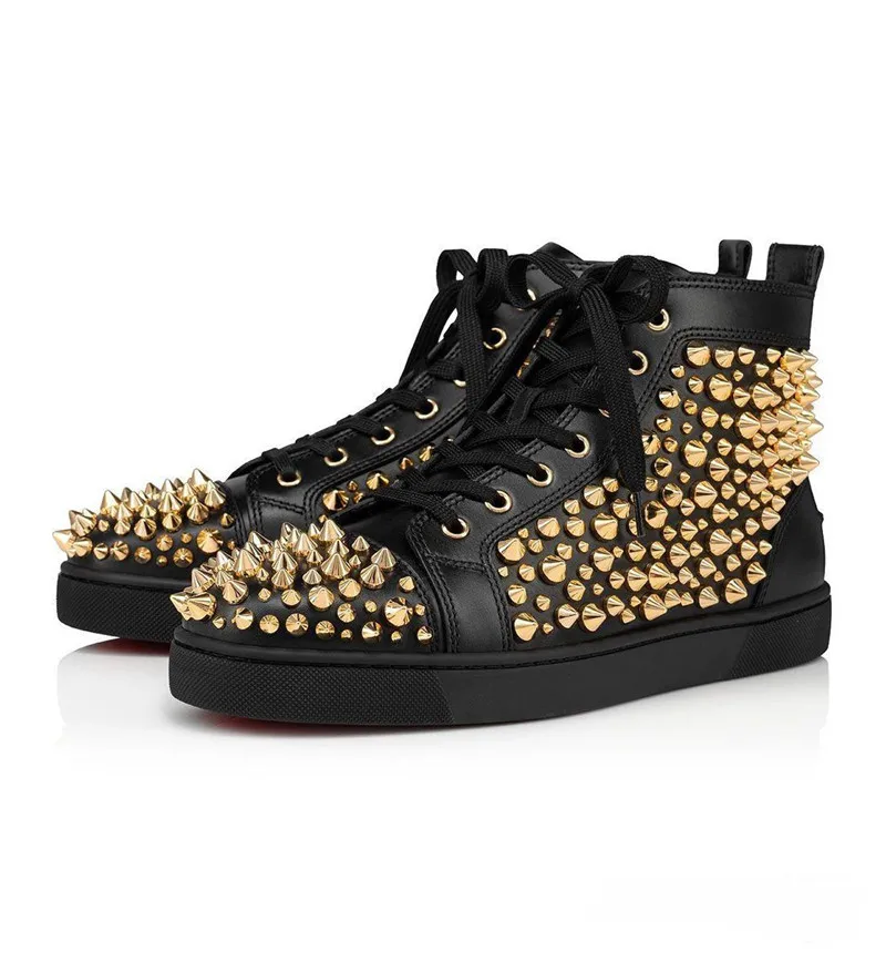 

SHOOEGLE Luxury Spikes Shoes Rivets Black White Leather Platform Sneakers Mens High-Top Lace-up High Quality Motorcycle Shoes