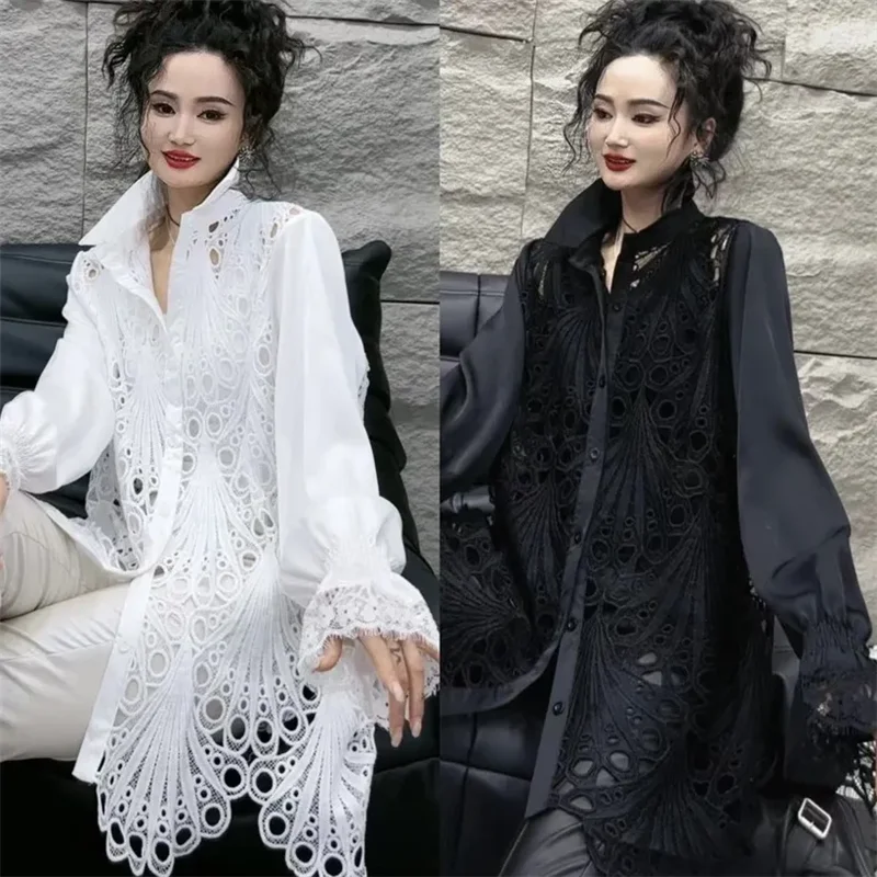 Spring Autumn Mid-Long Shirt Coat Women 2024 New Fashion Loose Leisure Tops Sunscreen Clothing Hollow Out Outerwear Female