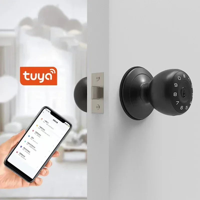 Tuya Fingerprint Smart Deadbolt Lock Password Bluetooth Electronic Wooden Code Ball Door Lock 35-55mm Thickness