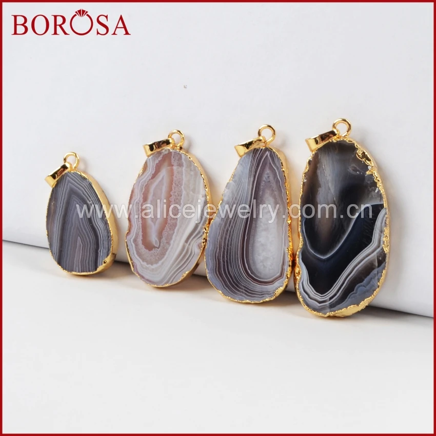 Fashion Gold Plated Natural Onyx Botswana Agate Slice Pendant Bead for Necklace Natural Gemstone for Necklace Accessories 6
