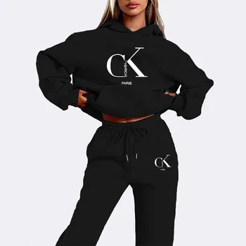 Women'S Casual Winter Hoodie and Pants Set - Black with White Logo Drawstring Hooded Sweatshirt & Joggers All-Season Comfort