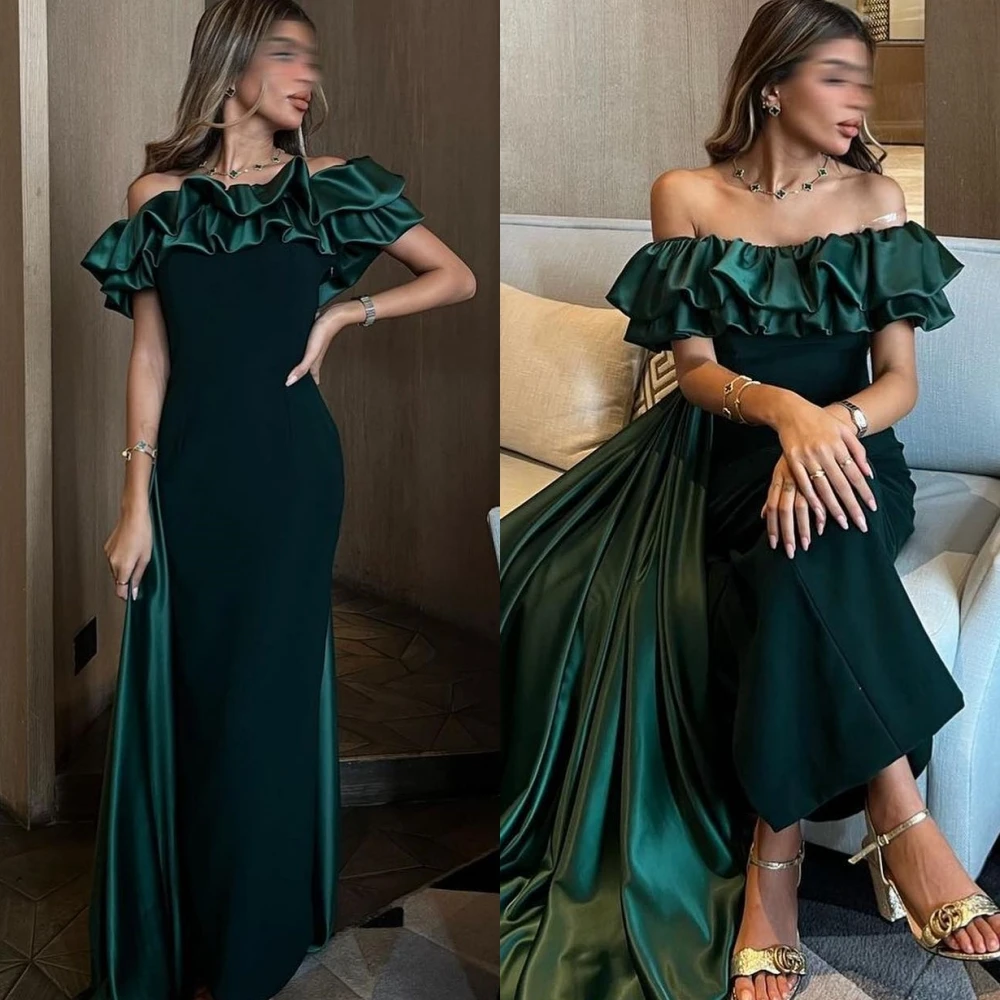 

Elegant Matching Bateall A-line Floor Length Evening Dresses Formal Ocassion Gown Pleat Satin vestido de casamento 2023 فستان سه