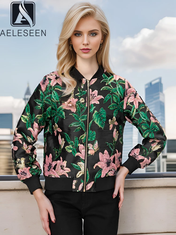 

AELESEEN Vintage Green Flower Print Jacket For Women Design Fashion Lantern Sleeve Jacquard Pink Beading Zipper Elegant Coat