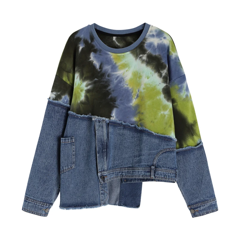 

korean deign Individualized color tie-dyed loose denim long-sleeved sweater irregular fashion jean jackets
