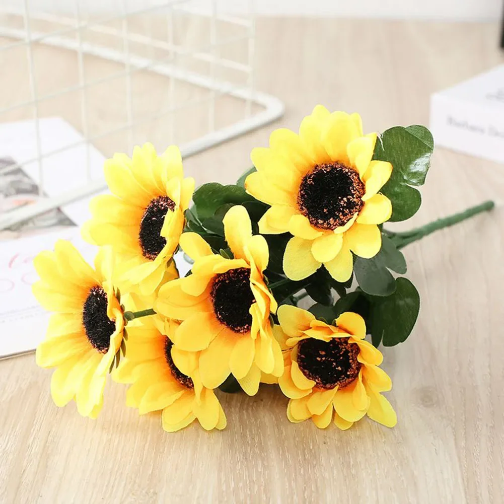 7 Heads Artificial Sunflower Flowers Bouquet Silks Flowers for Home Bridal Wedding Car Party Festival Gifts DIY Vase Decor
