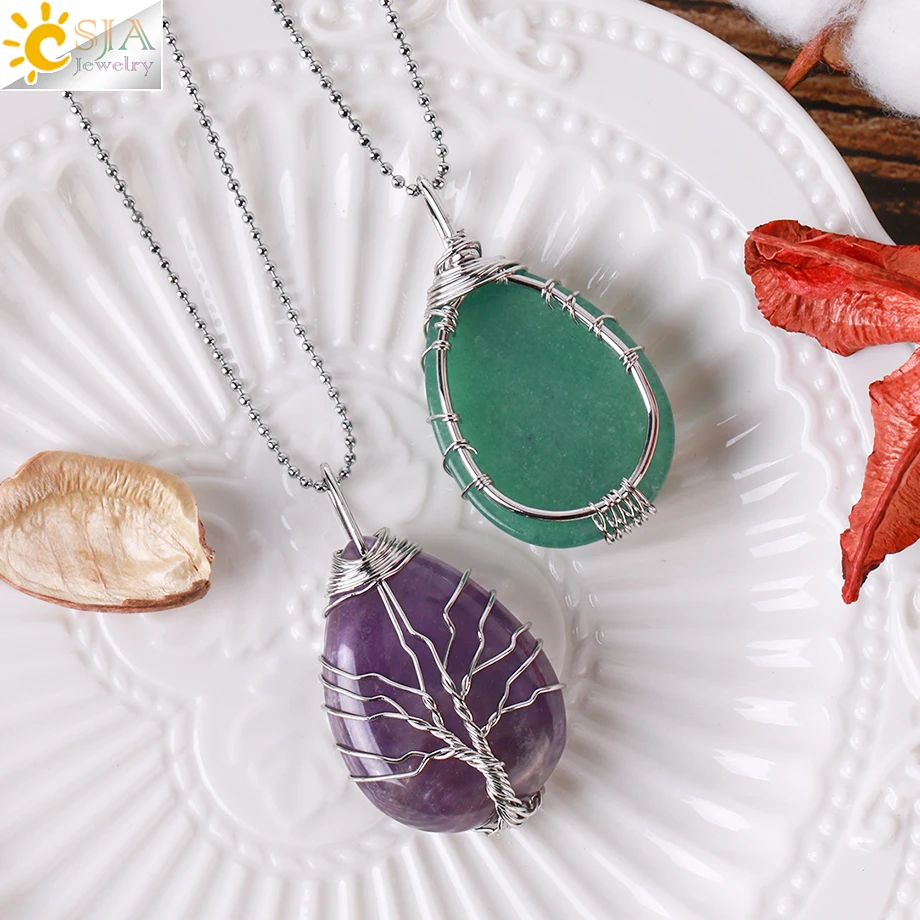 CSJA Real Crystal Necklace Natural Stone Tree of Life Pendant Wire
