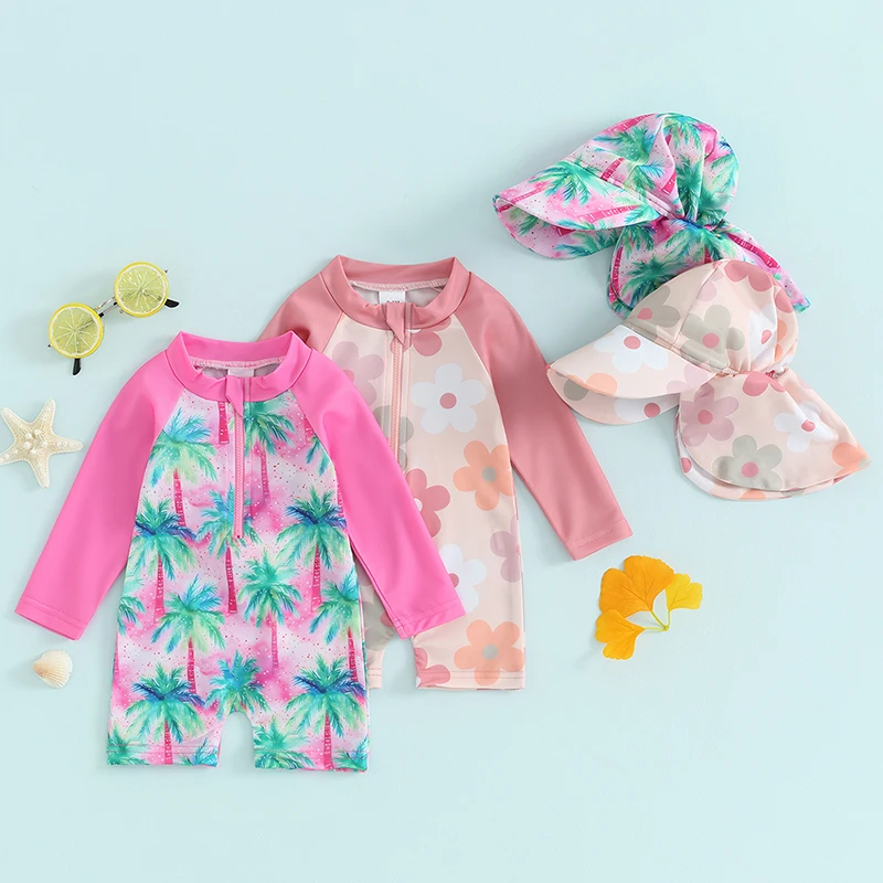 Infant Baby Boy Girls Rash Guard Swimwear Toddler Cartoon Floral Print Zipper Long Sleeve Swimsuits Sun Hat 2Pcs Bathing Suits