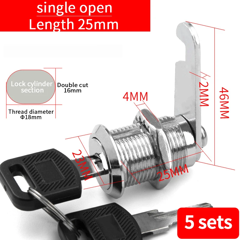 Lock com 2 chaves, Mailbox Lock, Gaveta Cam Lock, 18mm, 5 conjuntos