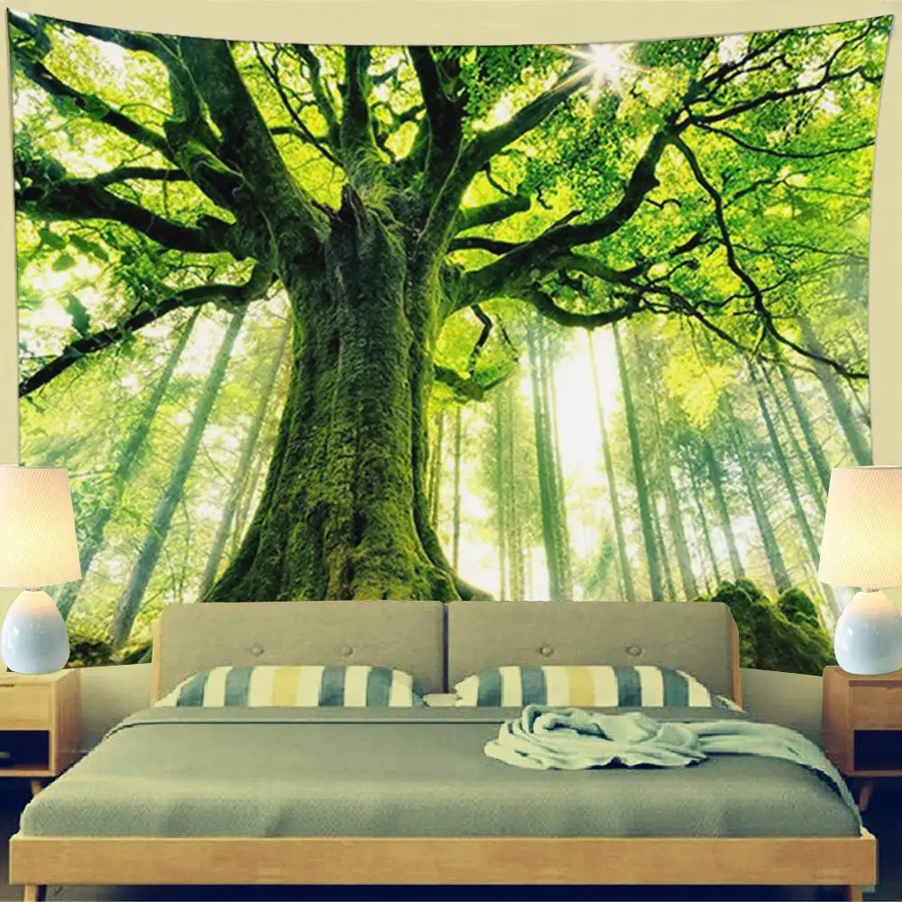 

Очень большой гобелен для спальни, украшение, природный Лес, дерево, пейзаж, темно-зеленый