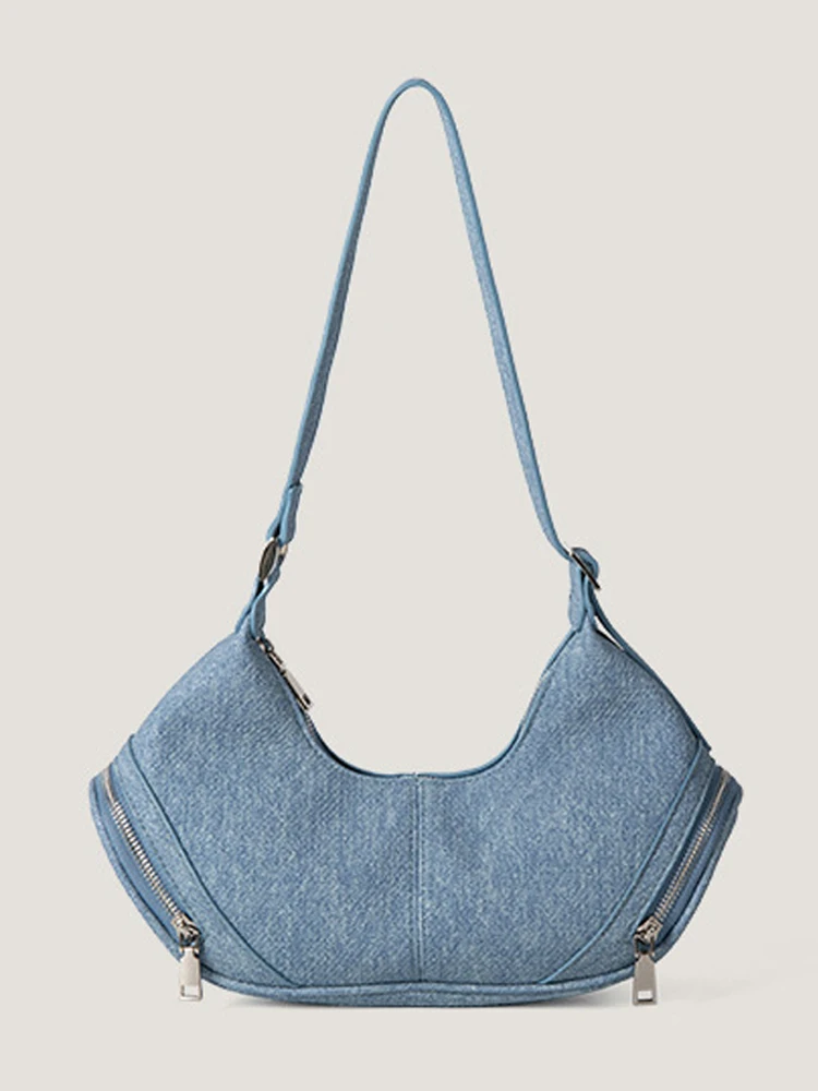 

2024 New Denim PU Leather Shoulder Bags Women Vintage Zipper Pocket Underarm Bag Lady Daily Commuter Handbags