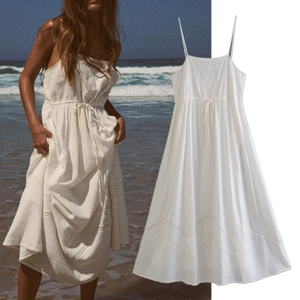 

Jenny&Dave French Elegant Ladies Strapless Maxi Dress Women Fashion Holiday Embroideried Linen Lace Beach Dress