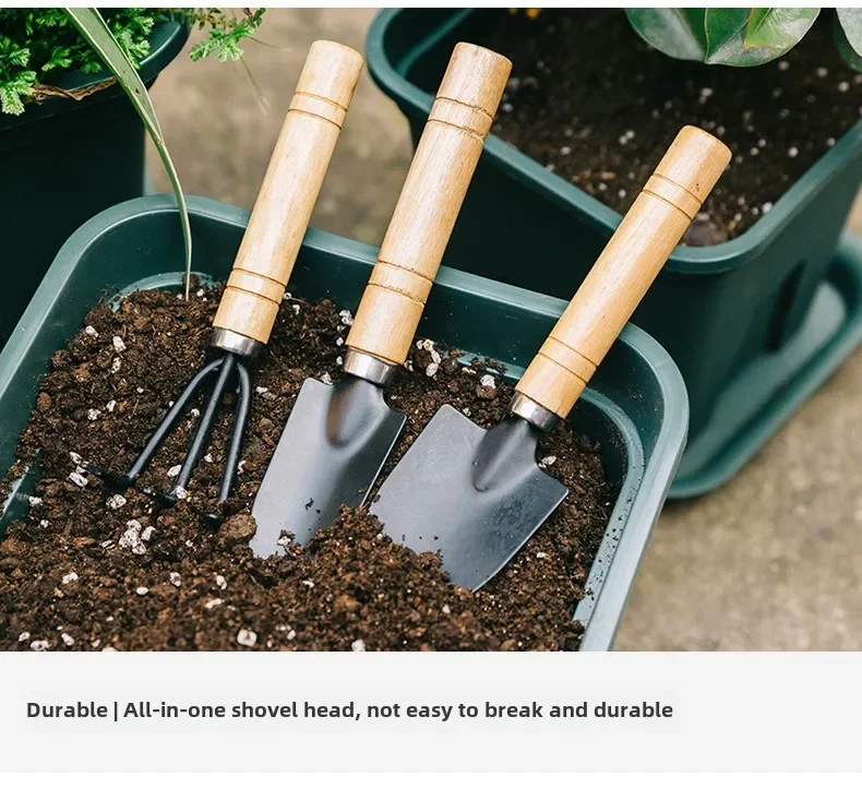 Description Picture 2 of item3pcs Mini Horticultural Tools for Gardening Potted Plants Wooden Handle Agricultural Tools Shovel Rake Flower Planting Tools