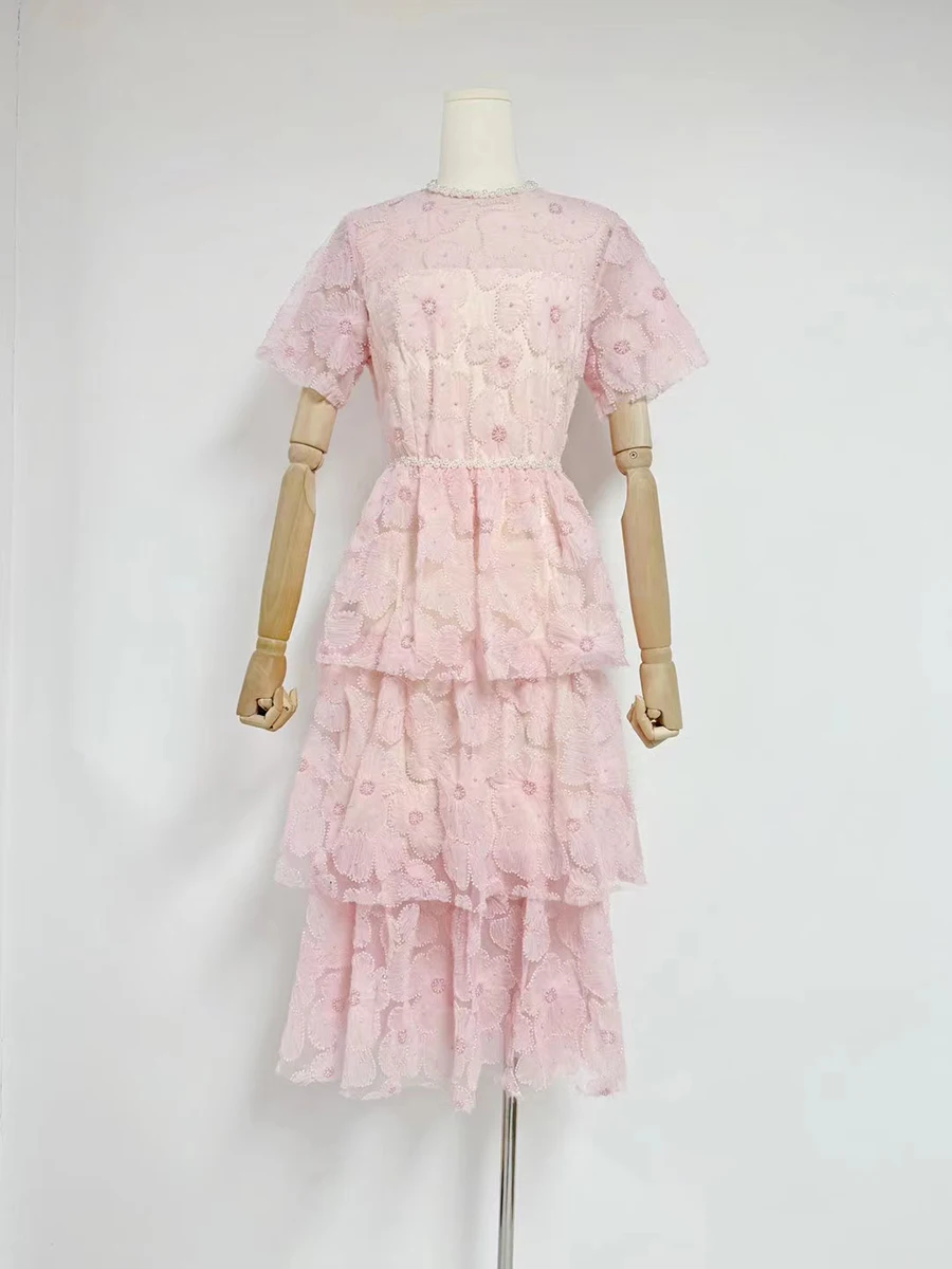 VGH Solid Wedding Guest Dress for Women Round Neck Short Sleeve High Waist  Patchwork Tierred Elegant Party Dresses Female Summer