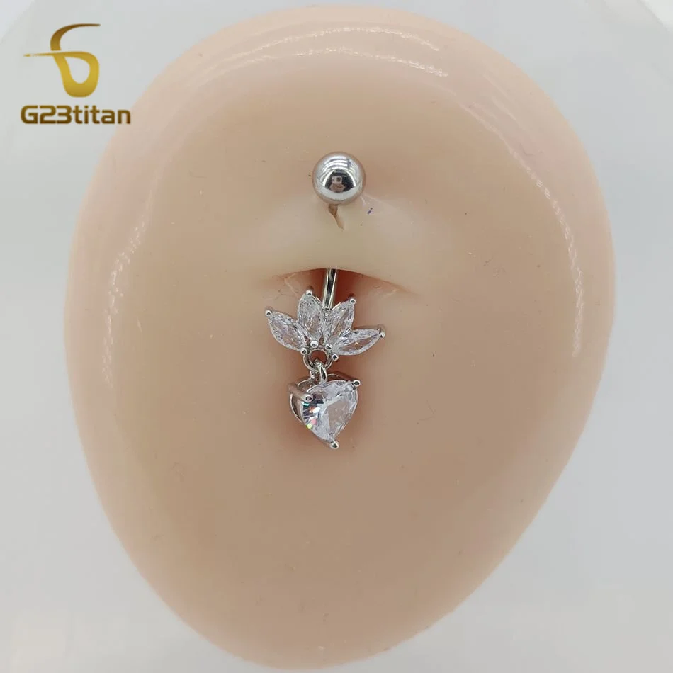 Belly Button Ring Jewelry G23titan Silver Color Lotus Flower Heart Shape Pendant Belly Ring 14G Medical Titanium Curved Barbell Navel Piercing Jewelry