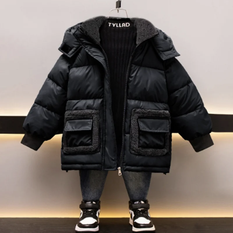 

Boys Down Coats Winter Children Thick Velvet Jackets Hoodies For Baby Fur Leather Clothes Outerwear Kids Warm Clothes Outdoors