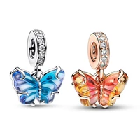 Original Charms 925 Silver Blue & Yellow Glass Butterfly Dangle Charm Fits 3mm Original Bracelet For Women Diy Jewelry Gifts Hot 1