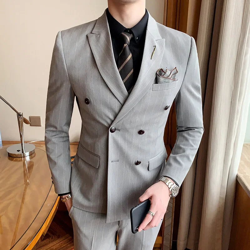 

New Men's Suit Three Piece Business Casual British Striped Plus Size Male Double Breasted Dress Blazers Jacket Pants Vest Formal