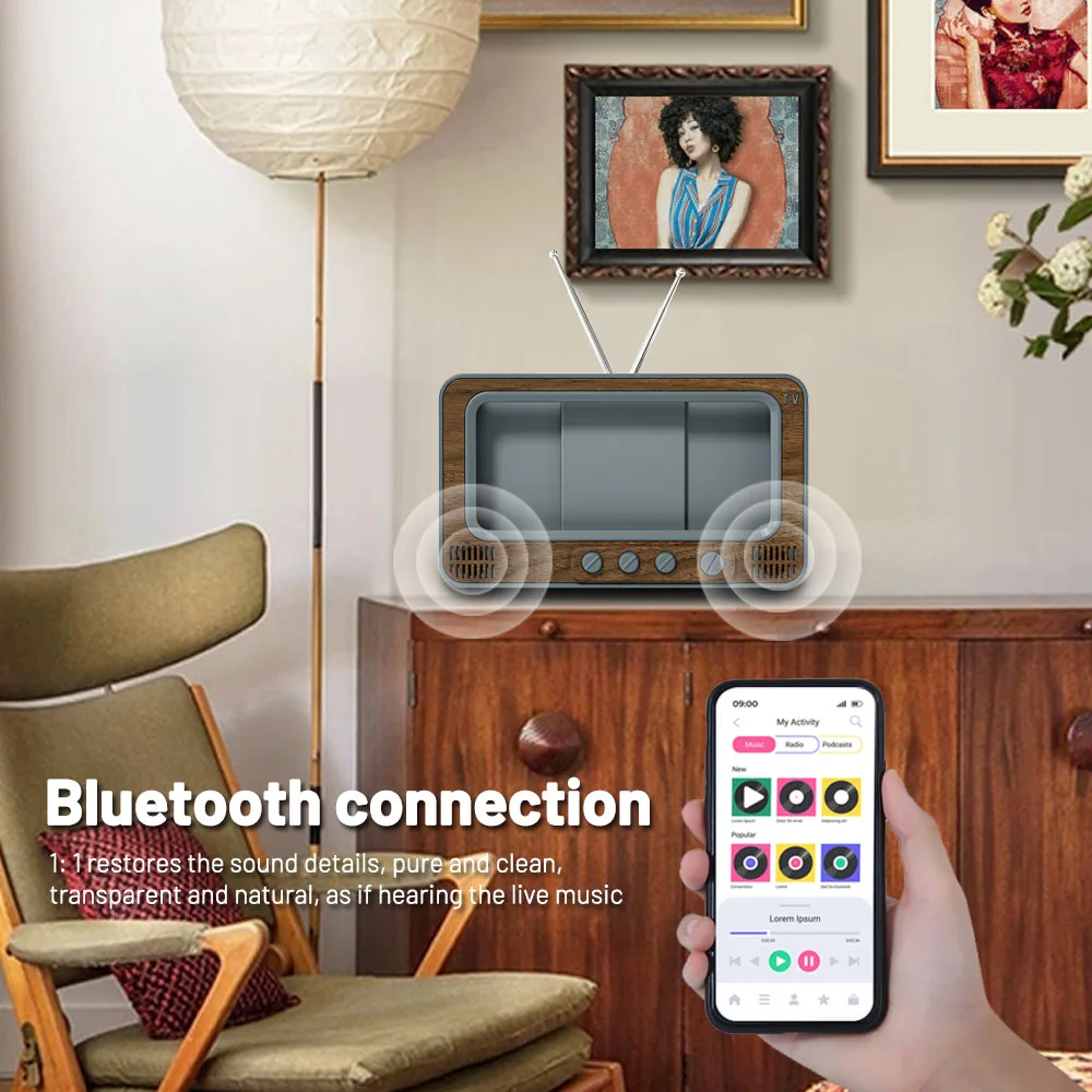 Retro Bluetooth Speaker Hifi Stereo Sound Box Vintage TV Design Wireless Handsfree Music Player Portable Phone Holder Home Decor