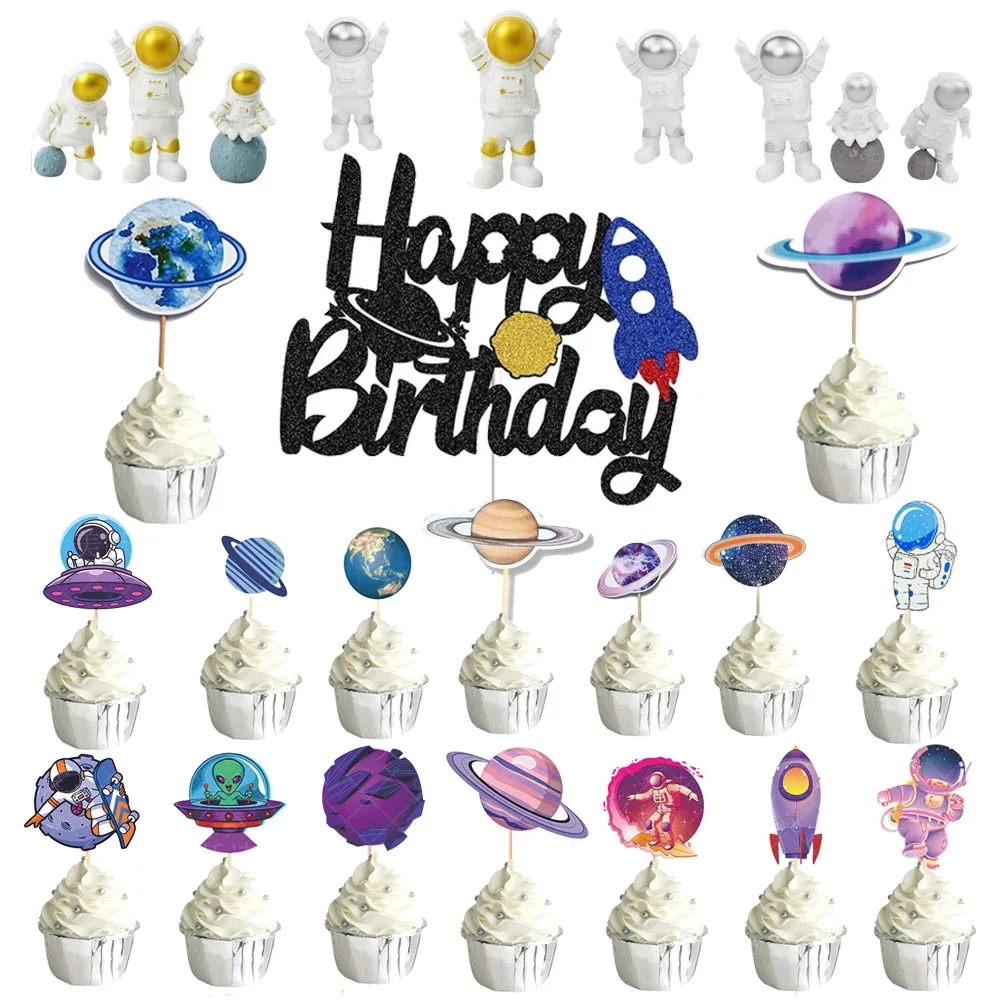 Space Universe Cake Topper Rocket Planet Cupcake Toppers Astronaut Kids Space Theme Party Happy Birthday Cake Decorations Suppli 24pcs lot pikachuu theme happy baby shower decorations birthday events party kids boys favors cupcake cake toppers with sticks